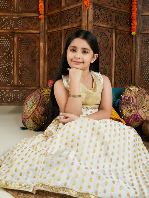Girl's' Cream And Gold Jacquard Lehenga